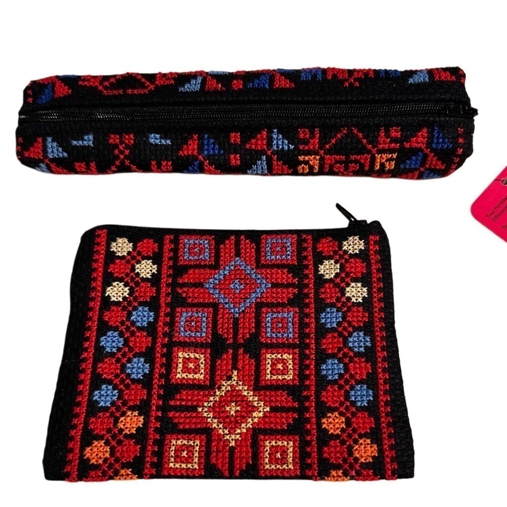 Tatreez Zip Coin & Pencil/Makeup Pouch Embroidered Set Palestinian Handmade NEW - Picture 3 of 12